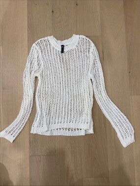 Zara White Open-Knit Crew Neck Sweater